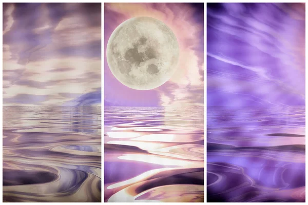 美しい三角形の背景月と海の夜の波 ムーンスケープ 3Dレンダリング — ストック写真