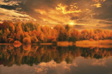 Güzel sonbahar günbatımı manzarası. Altın ağaçlar gölün suyuna yansıyor. Parlak günbatımı güneşi.