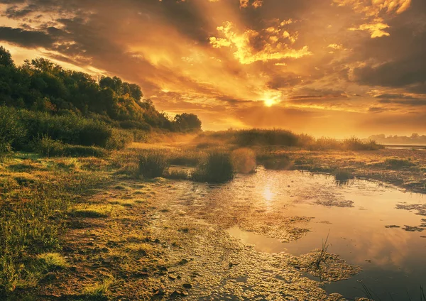 Beautiful Summer Landscape Morning Sun River Lake Dramatic Sky — Stock Photo, Image