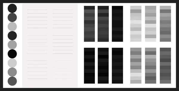 灰色光斑和深色斑 用于书写便条纸的大矢量集 带衬里的记事本空格设置灰色色调 将设计项目中的灰色方案从浅色到深灰色进行对比 灰色集合调色板的想法 用灰色文字书写 — 图库矢量图片