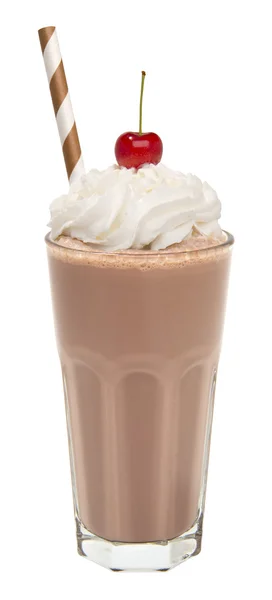 Vanilj choklad milkshake med vispgrädde och körsbär isolerade — Stockfoto