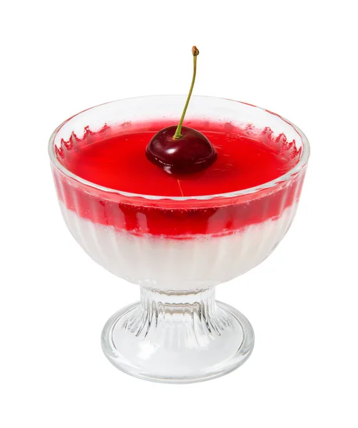 樱桃牛奶果冻在一个雪糕碗里 被白色的背景隔开 后续行动 — 图库照片
