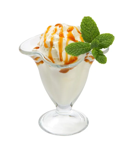 Vanilla ice cream with mint leaves — Stock Photo, Image