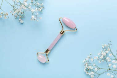 Mavi arka planda yüz silindiri ve çingene çiçeği. Yüz bakımı için masaj aracı, SPA güzellik tedavi konsepti - Görüntü