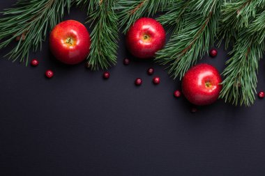 Noel arkaplanı ağaç dalları, kırmızı elmalar ve kızılcıklar. Koyu ahşap masa. Üst Manzara. Boşluğu kopyala