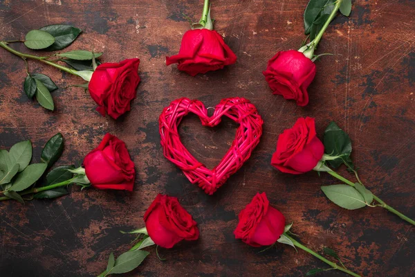 Dia Dos Namorados Cartão Saudação Rosas Vermelhas Coração Têxtil Decorativo — Fotografia de Stock