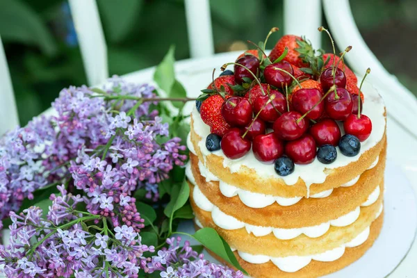 自家製の夏のビスケットケーキクリームと新鮮なベリー庭でリラックソフトフォーカス — ストック写真