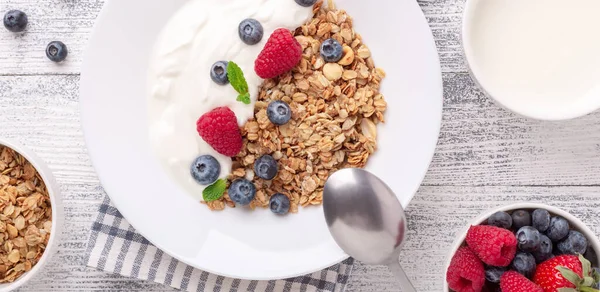 Ev yapımı granola, yoğurt ve taze böğürtlenli yatay pankart