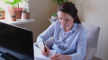 Orta yaşlı, günlük kıyafetleri olan bir kadın evden, uzaktan kumandalı, ev ofisinden çalışıyor. Alternatif ofis bağımsızlığı kavramı