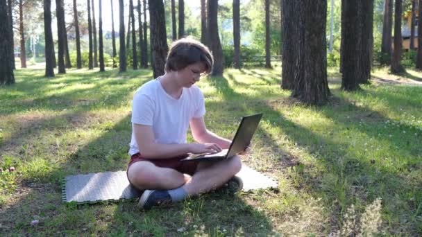 Молодой человек сидит на траве в парке и работает над ноутбуком. Дистанционное обучение. — стоковое видео