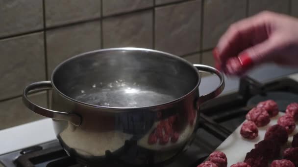 Tangan wanita memasukkan bakso ke dalam air mendidih. Proses persiapan sup. Close-up. Fokus selektif — Stok Video