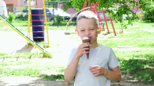 7-8岁的小男孩，喜欢吃美味的冰淇淋。慢动作 — 图库视频影像