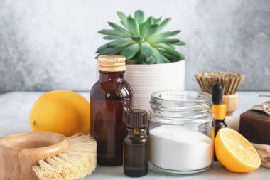 Tahta bambu fırçaları, kabartma tozu, limon, temel yağlar, sirke. Sıfır atık çevre dostu temizlik kavramı