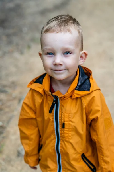 Cute Young Innocent Caucasian Boy Looking Camera Joyful Blue Eyes — Stock Photo, Image