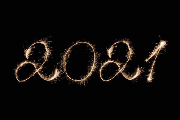 2021 New Year Inscription Sparklers Black Background — Stock Photo, Image