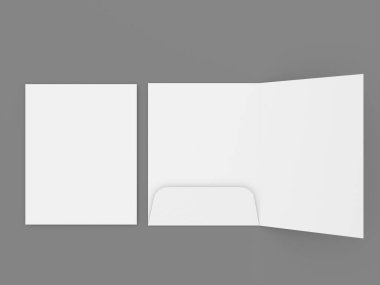 Gri arka planda A4 kağıtları için cebi olan bir klasörün kopyası. 3d resimleme.