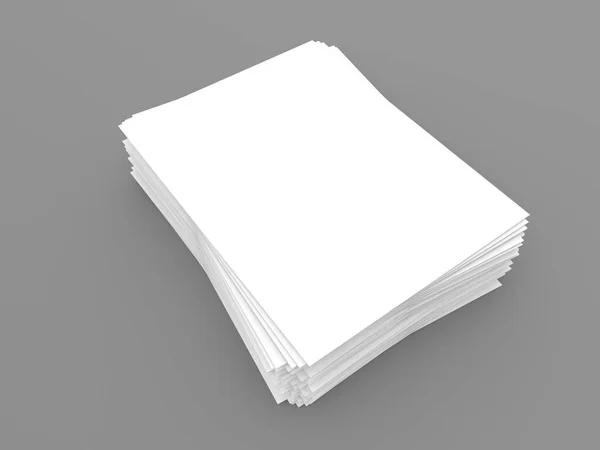 ग्रे पृष्ठभूमि पर रिक्त ए 4 सफेद कागज टेम्पलेट शीट का ढेर। 3 डी रेंडर चित्रण . — स्टॉक फ़ोटो, इमेज