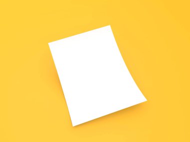 Sarı arka planda beyaz bir A4 ofis kağıdı. 3d resimleme. 