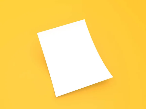 Hoja Curvada Papel Oficina Blanco Sobre Fondo Amarillo Ilustración Renderizado — Foto de Stock