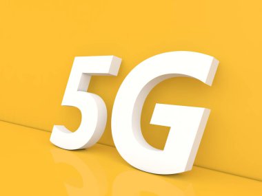 Sarı arkaplanda 5G yazılıydı. 3d resimleme. 