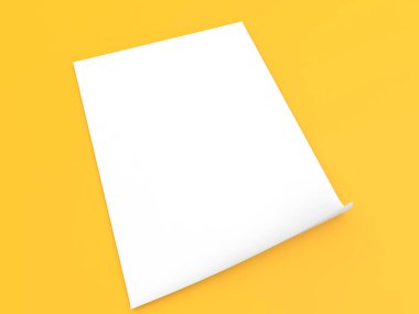 Sarı arkaplandaki A4 boş kağıdı. 3d resimleme. 