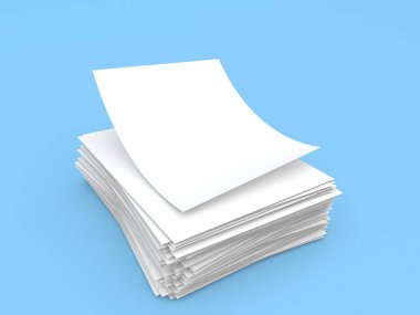 Mavi arka planda bir yığın A4 kağıdı. 3d resimleme. 