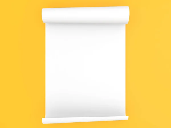 黄色の背景にA4用紙のロールロール 3Dレンダリング図 — ストック写真