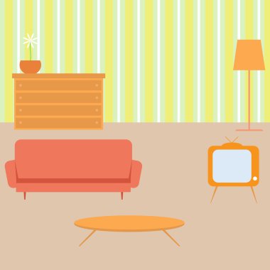 Retro tarzı oturma odasında. Vektör çizim.