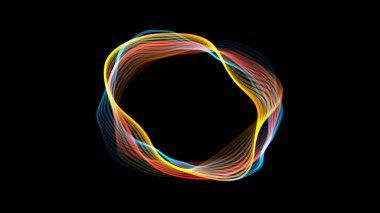 Siyah bir zemin üzerinde parlak ışık girdapları ve formlar oluşuyor. Ekran, dijital sanat ve yaratıcılığın sergilendiği bir teknoloji etkinliği sırasında meydana geliyor..