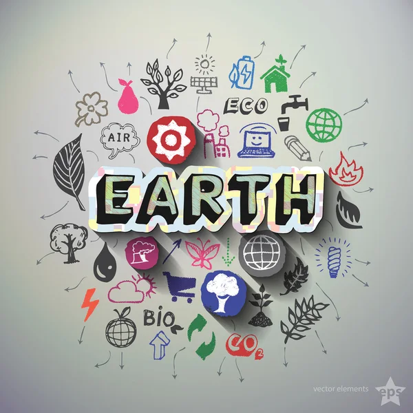 Ökologie-Collage mit Symbolen im Hintergrund — Stockvektor