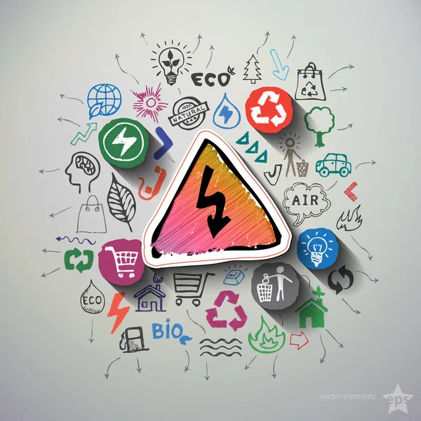 Ökoenergie-Collage mit Symbolen im Hintergrund — Stockvektor
