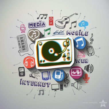 Music and entertainment collage with icons background clipart
