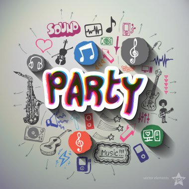 Simgeleri arka plan ile müzik ve eğlence kolaj