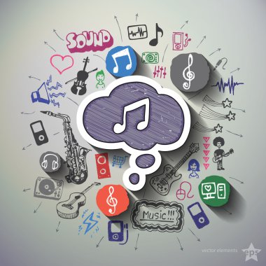Simgeleri arka plan ile müzik ve eğlence kolaj