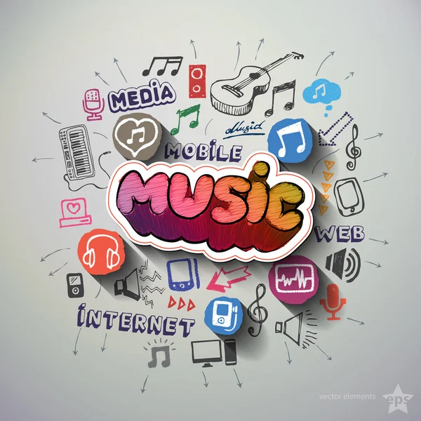 Music and entertainment collage with icons background — Stock Vector