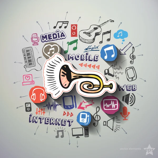 Entretenimento e música colagem com ícones de fundo — Vetor de Stock