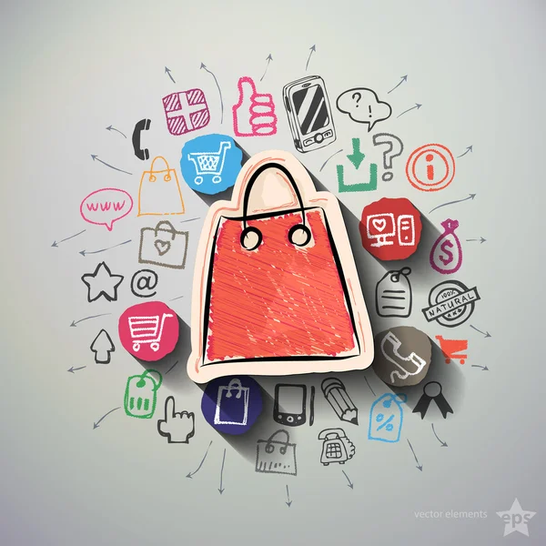 Collage de compras con iconos de fondo — Vector de stock