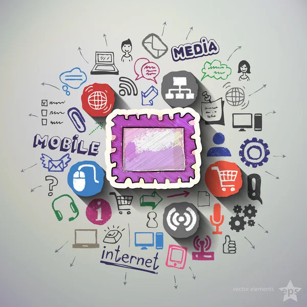 Mobile media collage with icons background — Stock Vector