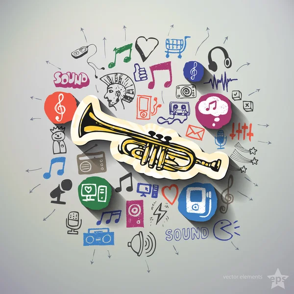 Music and entertainment collage with icons background — Stock Vector