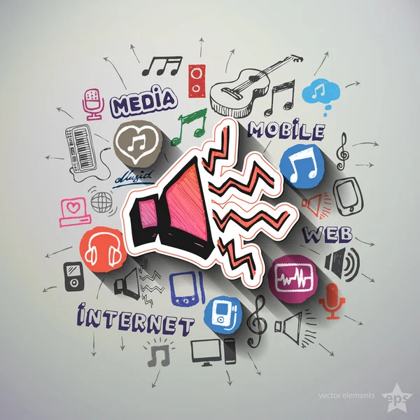 Music and entertainment collage with icons background — Stock Vector