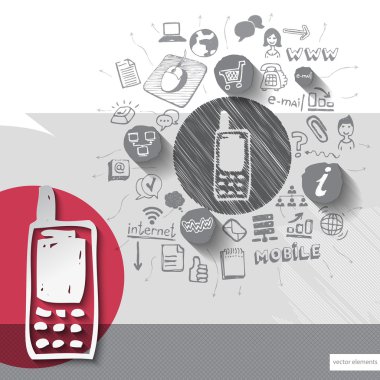 Simgeleri arka plan ile kağıt ve el çekilmiş telefon amblemi