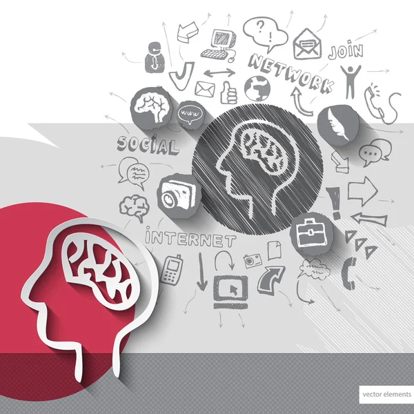 Papier und handgezeichnetes Gehirn Mann Emblem mit Symbolen Hintergrund — Stockvektor