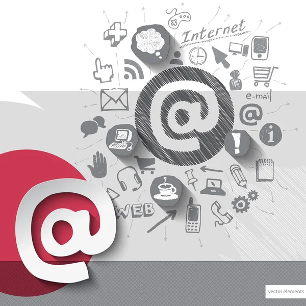 Emblema email disegnato a mano e carta con sfondo icone — Vettoriale Stock