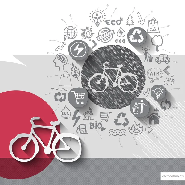 Papier en hand getrokken fiets embleem met pictogrammen achtergrond — Stockvector