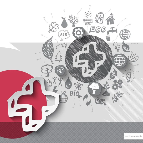 Papier et dessin à la main plus emblème avec fond d'icônes — Image vectorielle