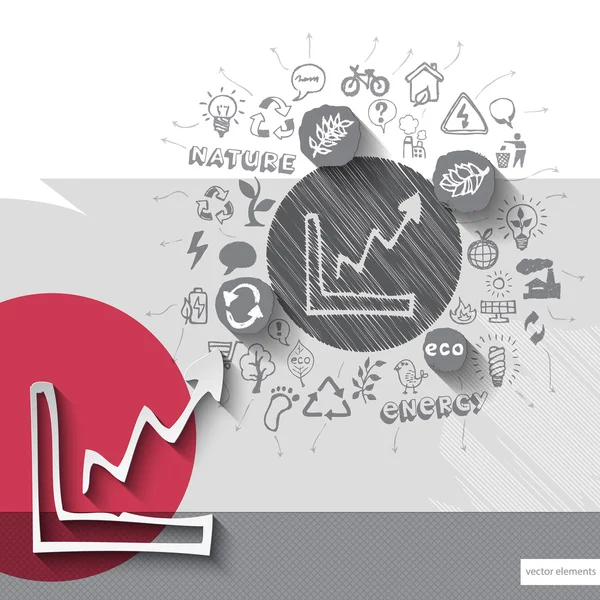 Papier en hand getrokken grafische diagram embleem met pictogrammen achtergrond — Stockvector