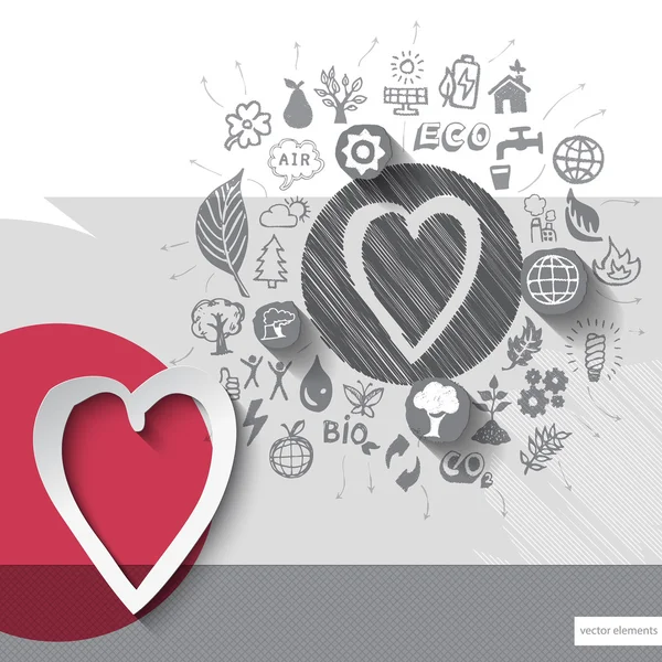 Papel e mão desenhado emblema do coração com ícones de fundo —  Vetores de Stock
