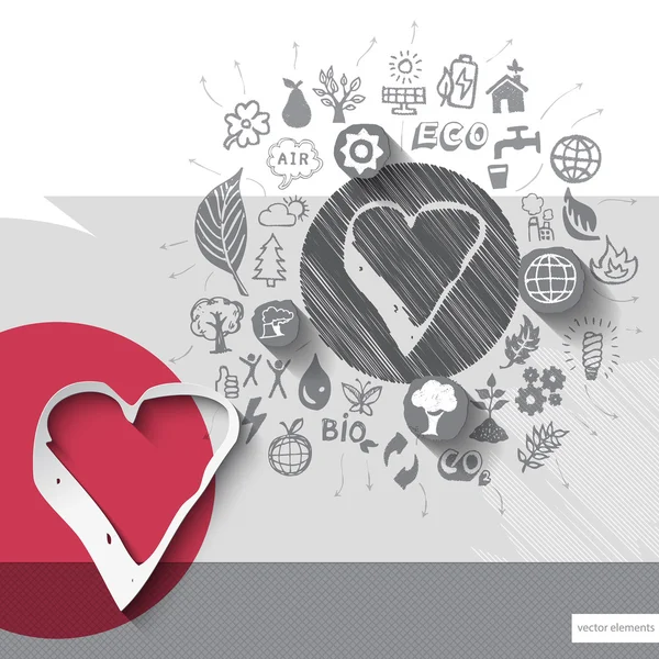 Paper and hand drawn heart emblem with icons background — Stock Vector