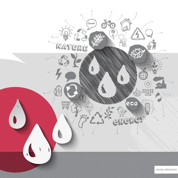 Papier und handgezeichnete Wassertropfen Emblem mit Symbolen Hintergrund — Stockvektor