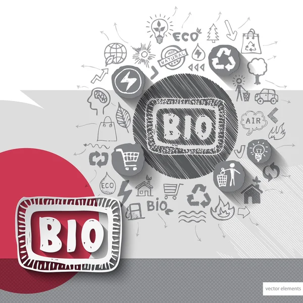 Papier en hand getrokken bio embleem met pictogrammen achtergrond — Stockvector